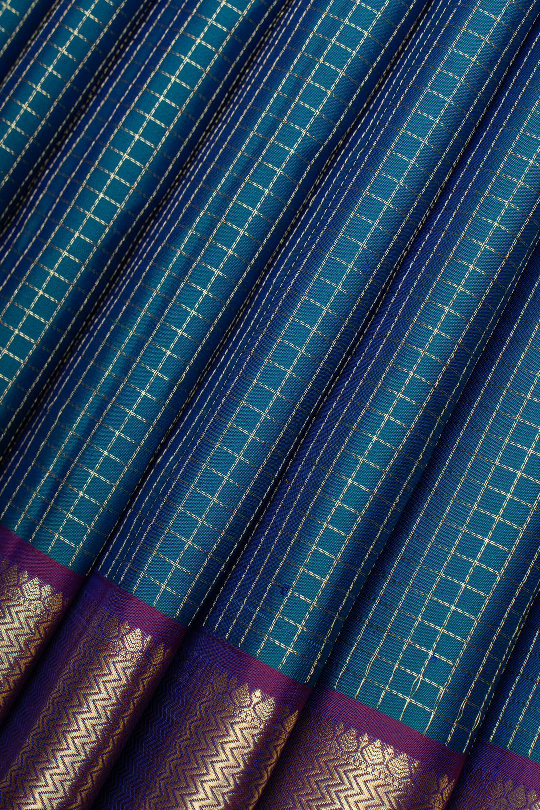 Peacock blue zari checks pure kanchipuram silk saree