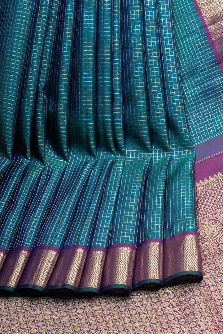 Peacock blue zari checks pure kanchipuram silk saree