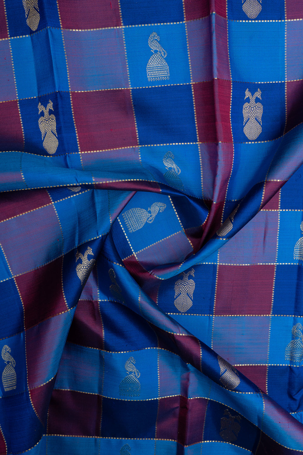 Blue iruthalaipakshi vintage Multi checks pure kanchipuram silk saree