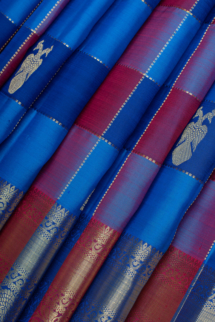 Blue iruthalaipakshi vintage Multi checks pure kanchipuram silk saree