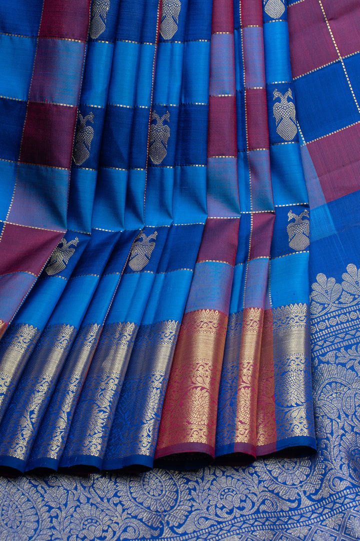 Blue iruthalaipakshi vintage Multi checks pure kanchipuram silk saree