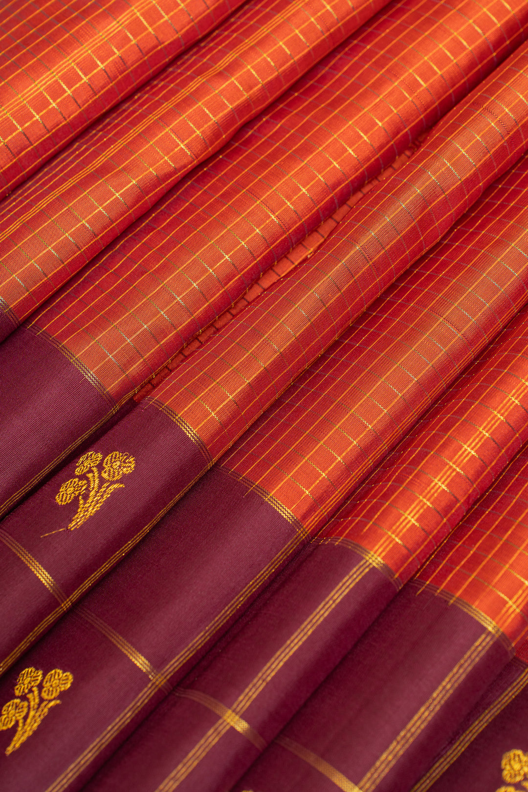 Orange and Jamun  checks border  pure Kanchipuram silk saree