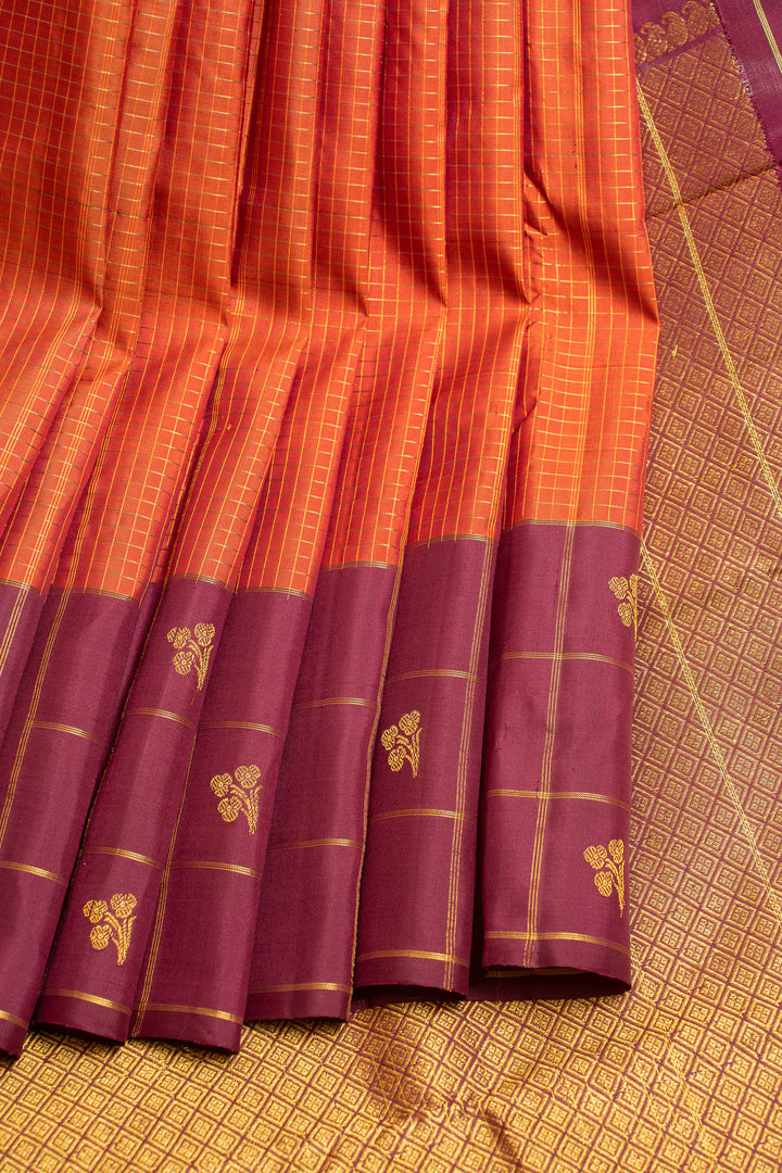 Orange and Jamun  checks border  pure Kanchipuram silk saree