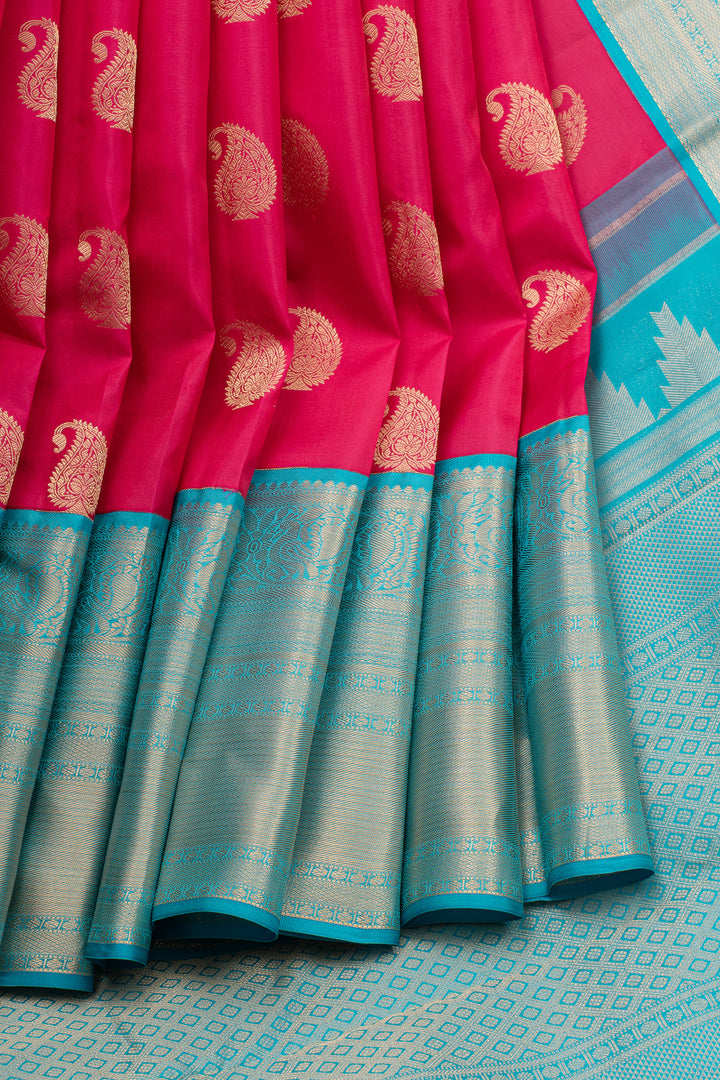 Red and blue traditional pure kanchipuram silk saree