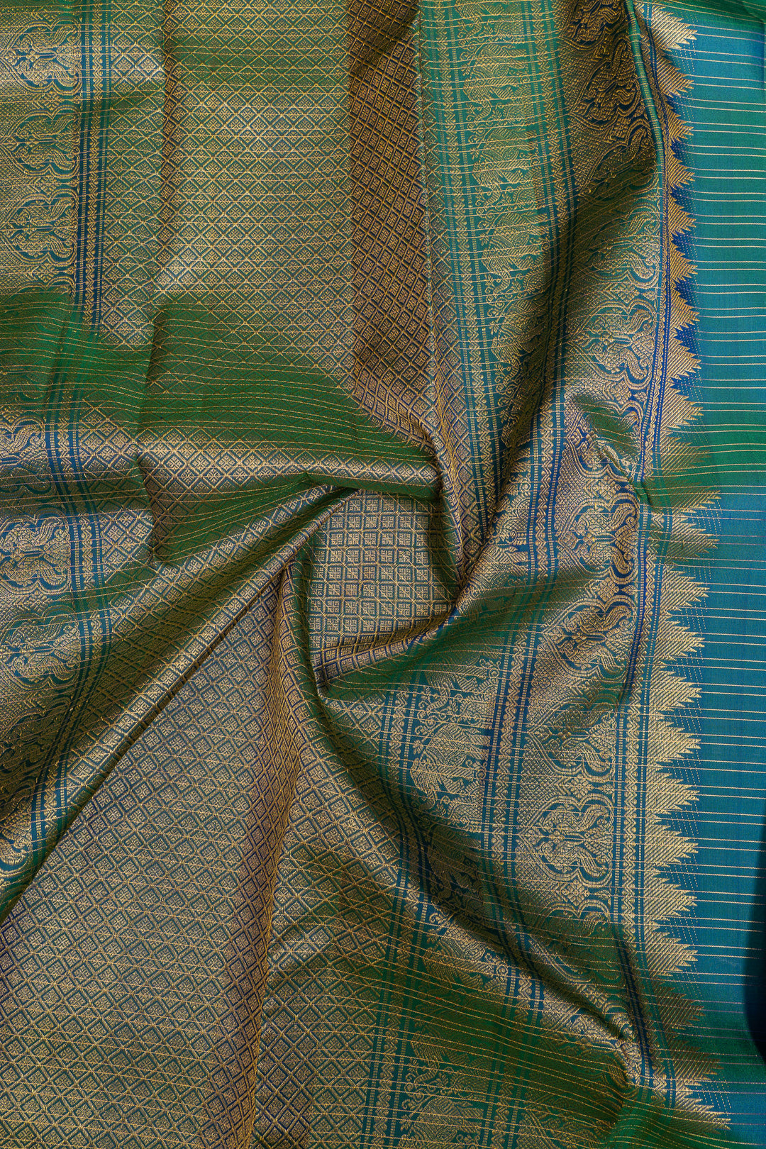 Purple and peacock blue pure Kanchipuram silk saree
