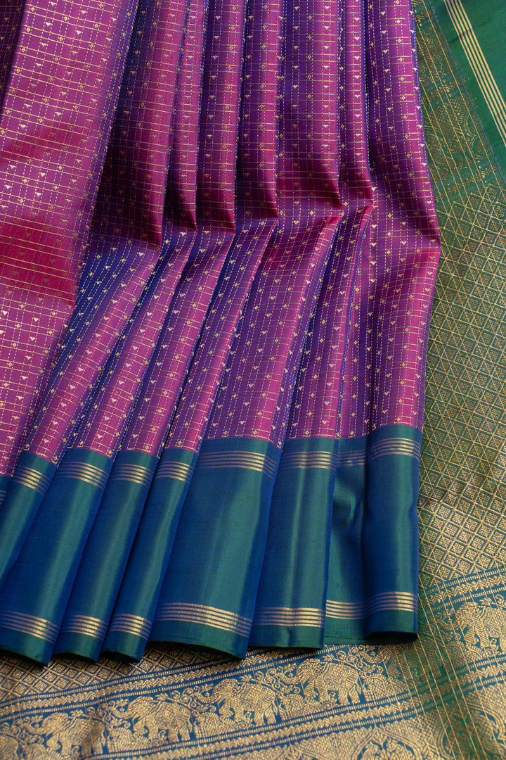 Purple and peacock blue pure Kanchipuram silk saree