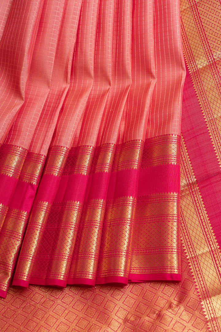 Rose pink Zari checks pure Kanchipuram silk saree