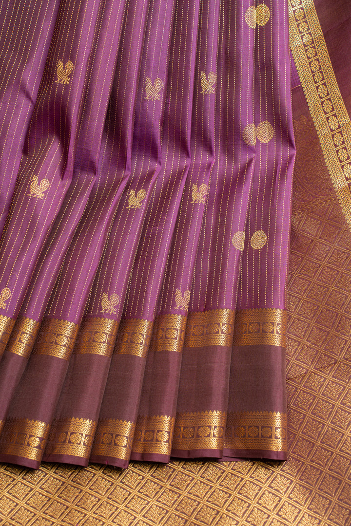 Aubergine purple Zari stripes pure Kanchipuram silk saree