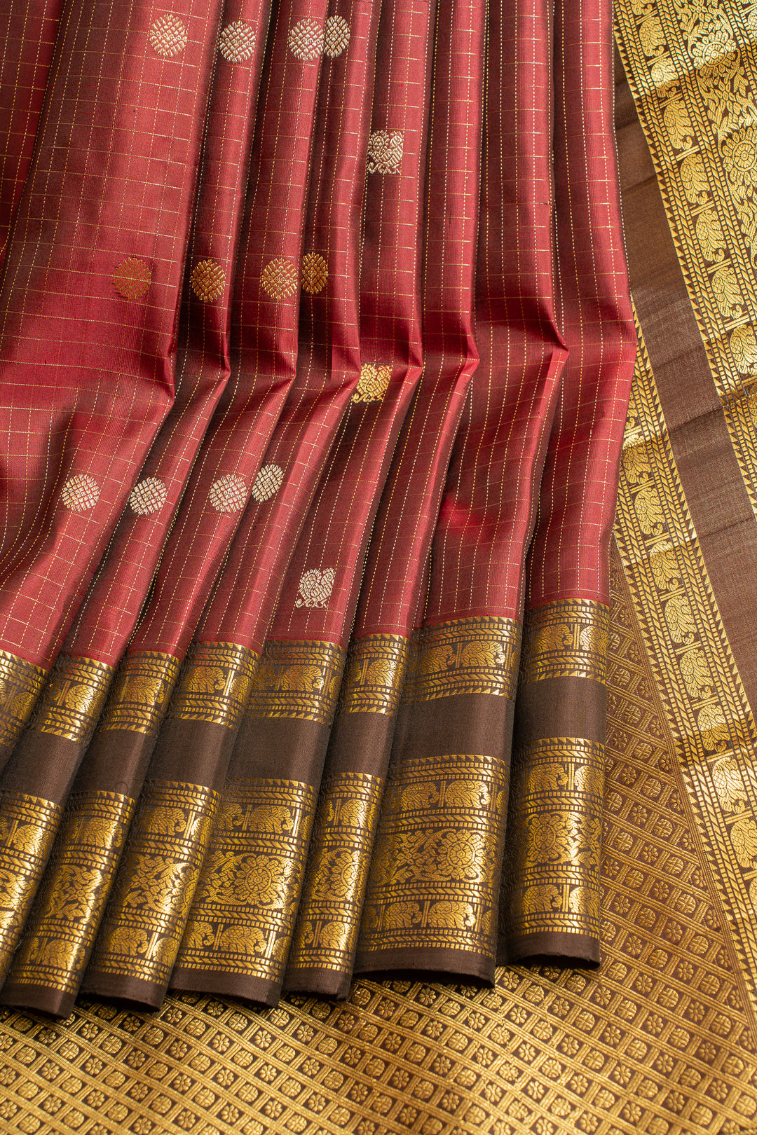Maroon and brown pure Kanchipuram silk saree