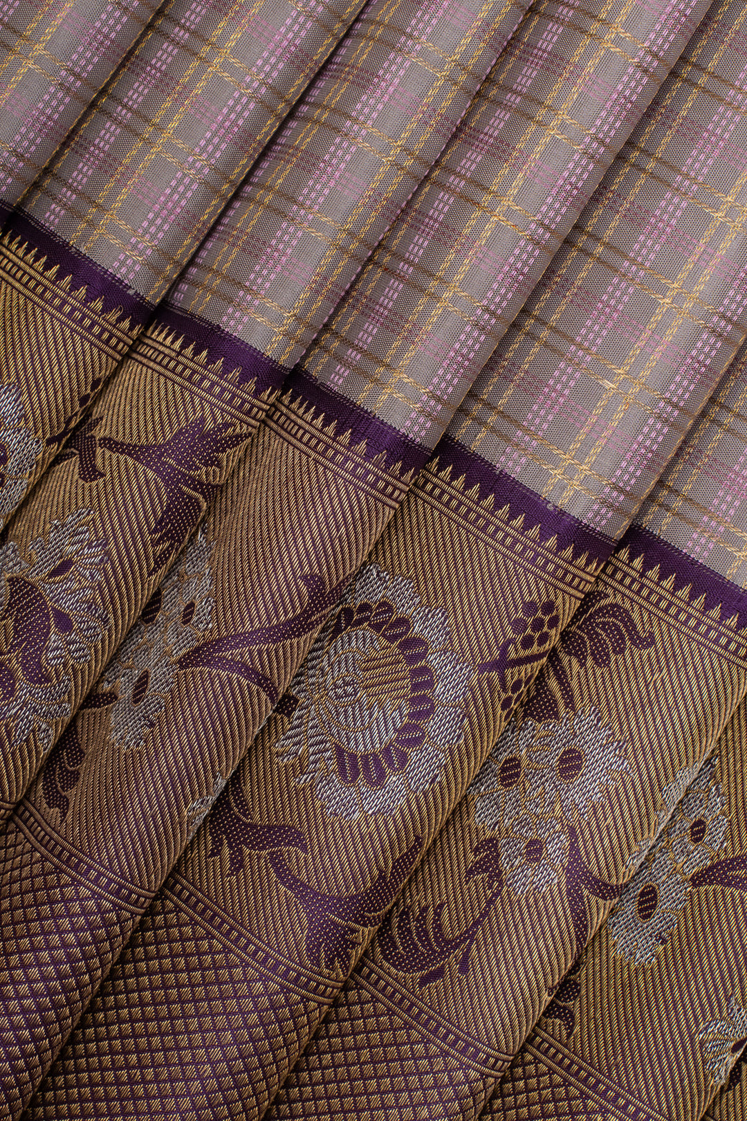 Lavender purple checks turning border pure Kanchipuram silk saree