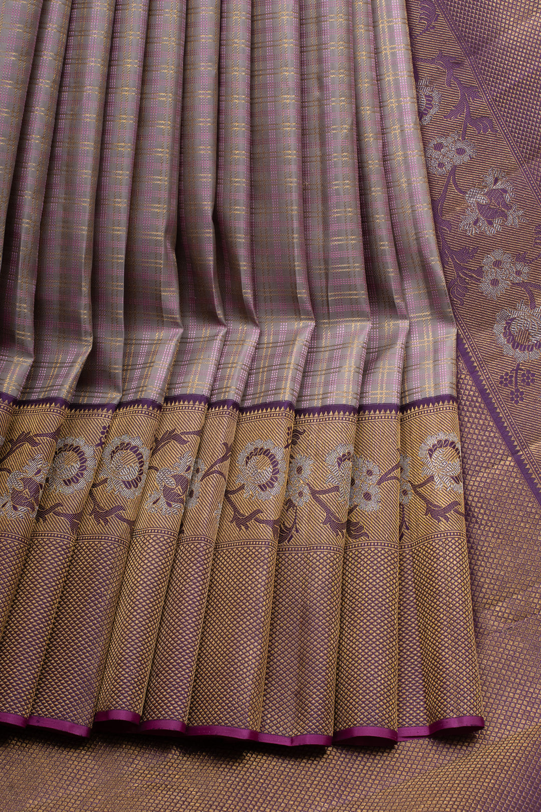 Lavender purple checks turning border pure Kanchipuram silk saree