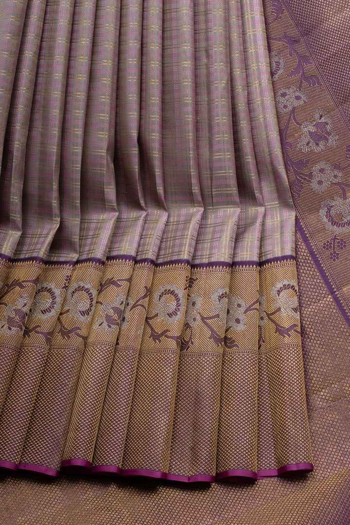 Lavender purple checks turning border pure Kanchipuram silk saree