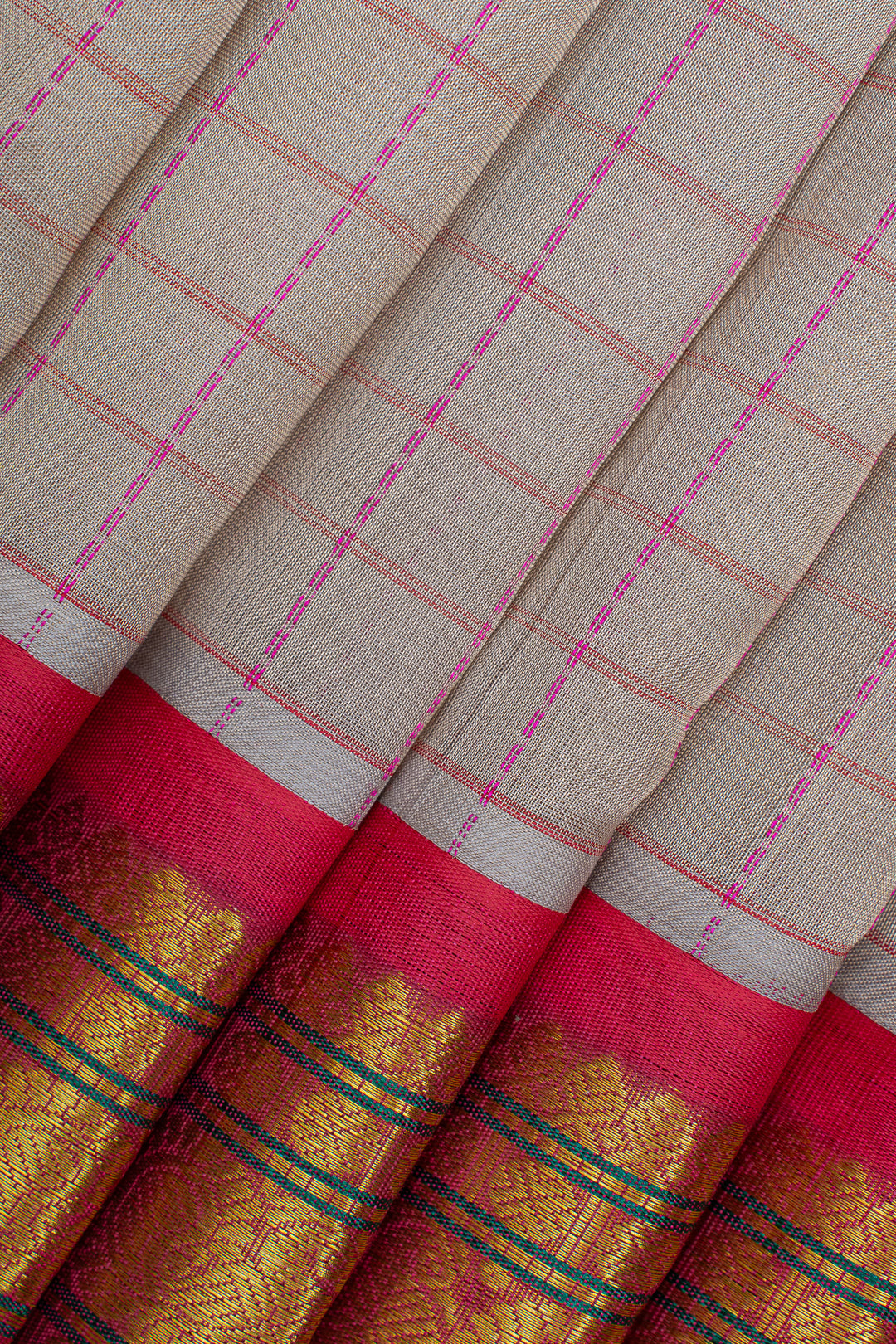 Grey and pink checks pure silk cotton saree
