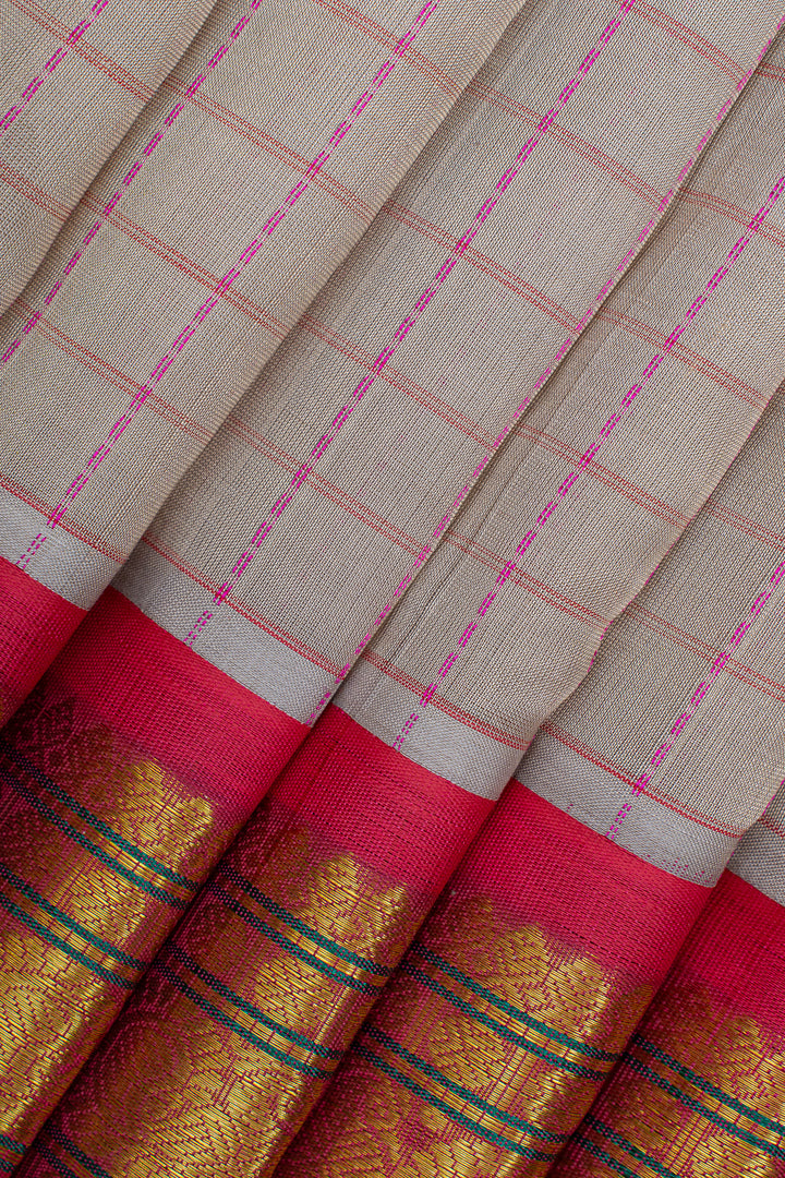 Grey and pink checks pure silk cotton saree