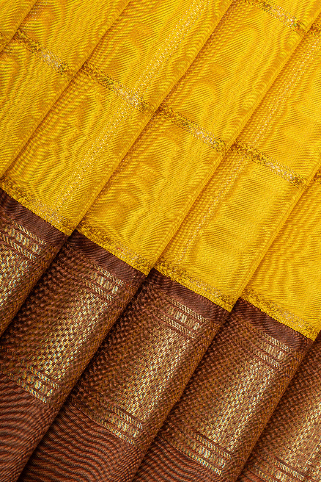 Yellow and brown Jamdani need checks  pure kanchipuram silk saree