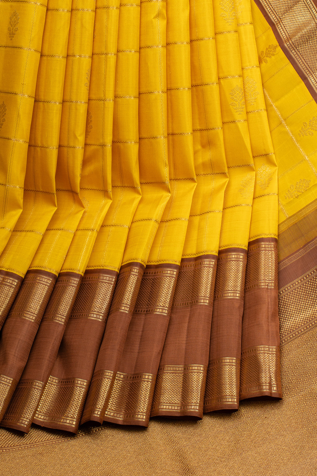 Yellow and brown Jamdani need checks  pure kanchipuram silk saree