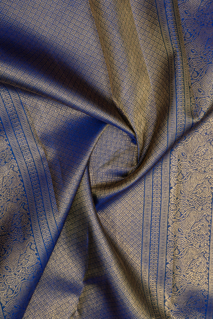 Peacock blue zari checks pure kanchipuram silk saree