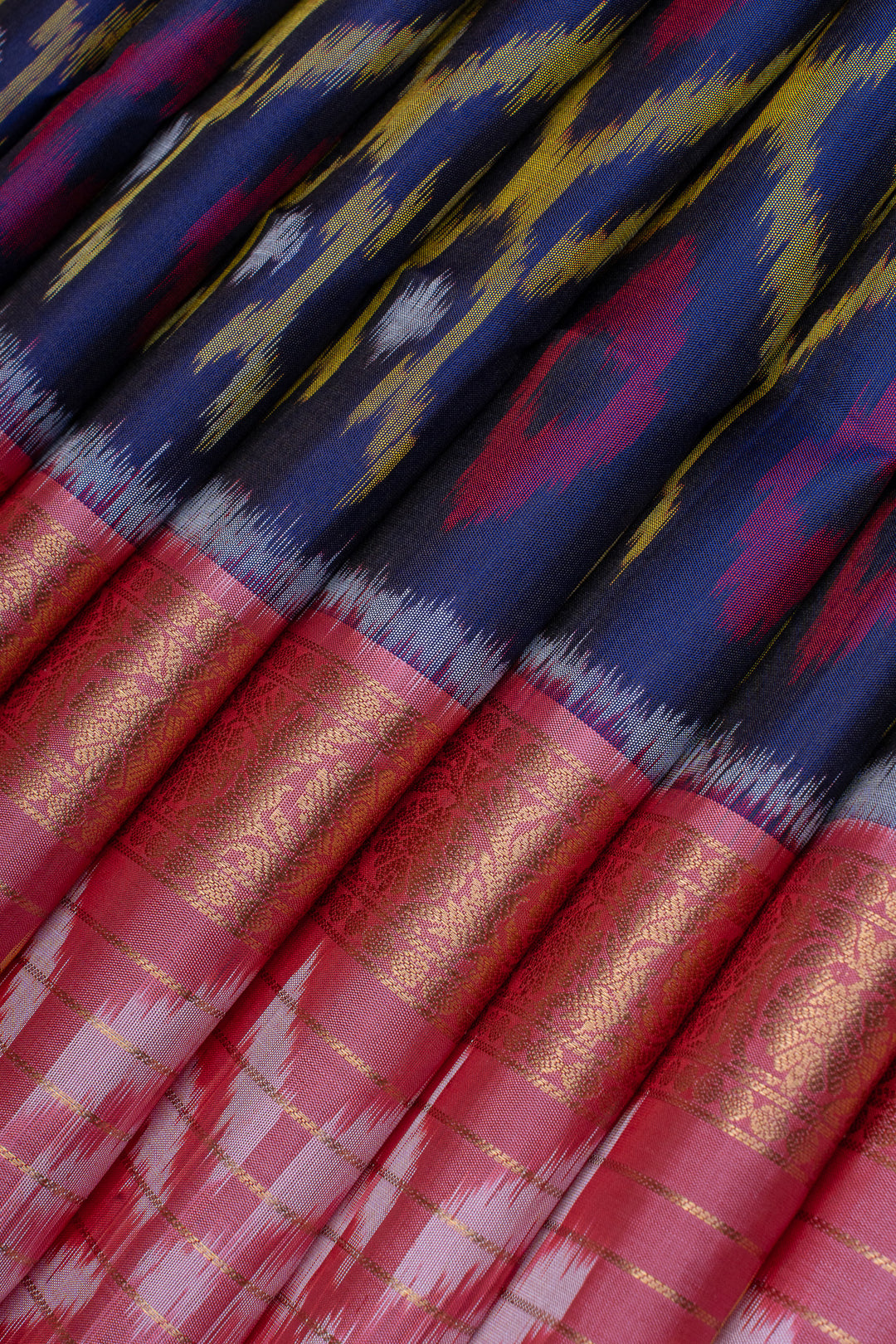 Navy blue and pink ikat pure soft silk saree