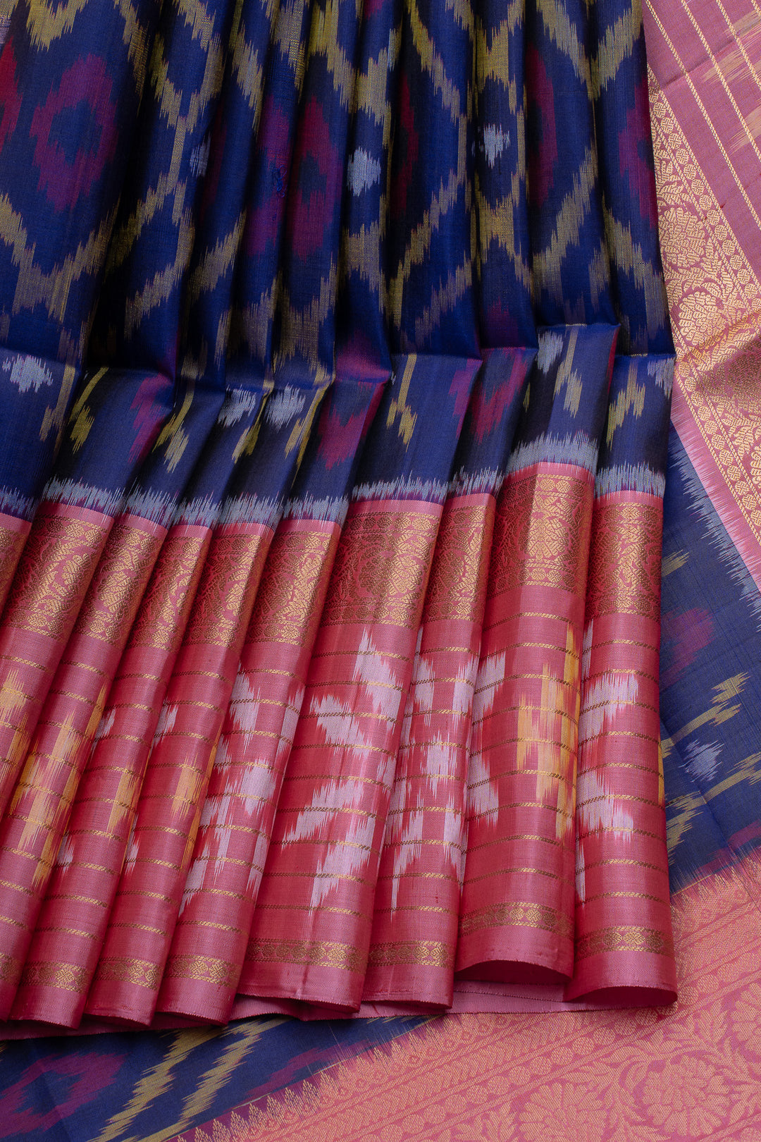 Navy blue and pink ikat pure soft silk saree