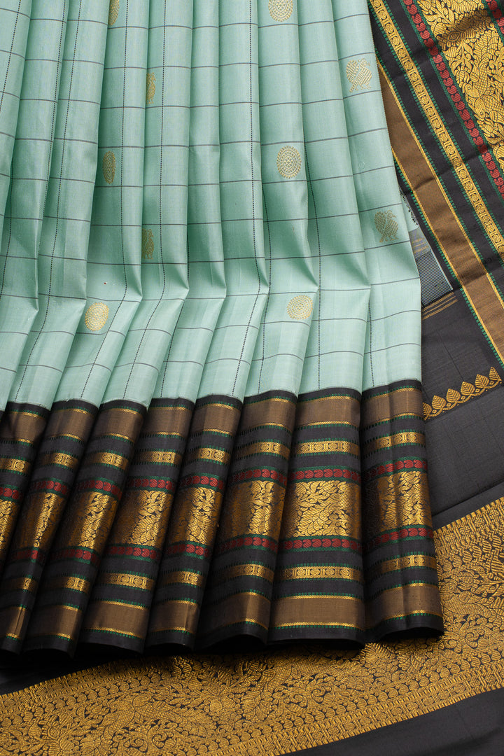 Teal Blue checks pure kanchipuram silk saree