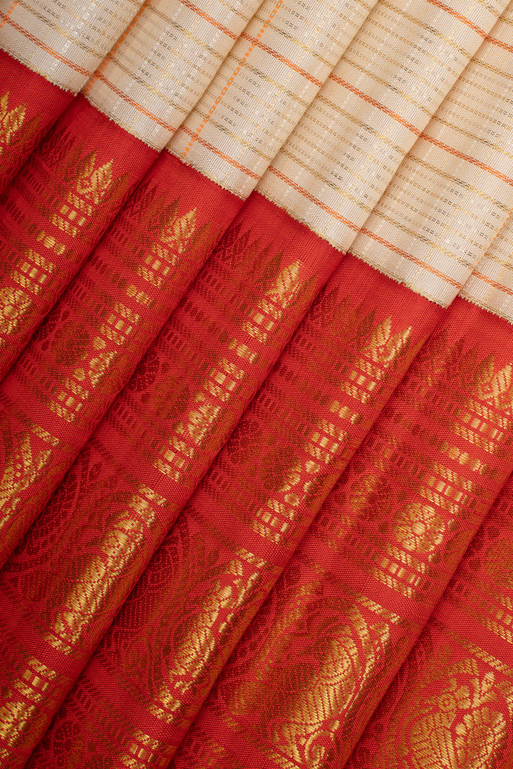 Ivory and red zari checks pure kanchipuram silk saree