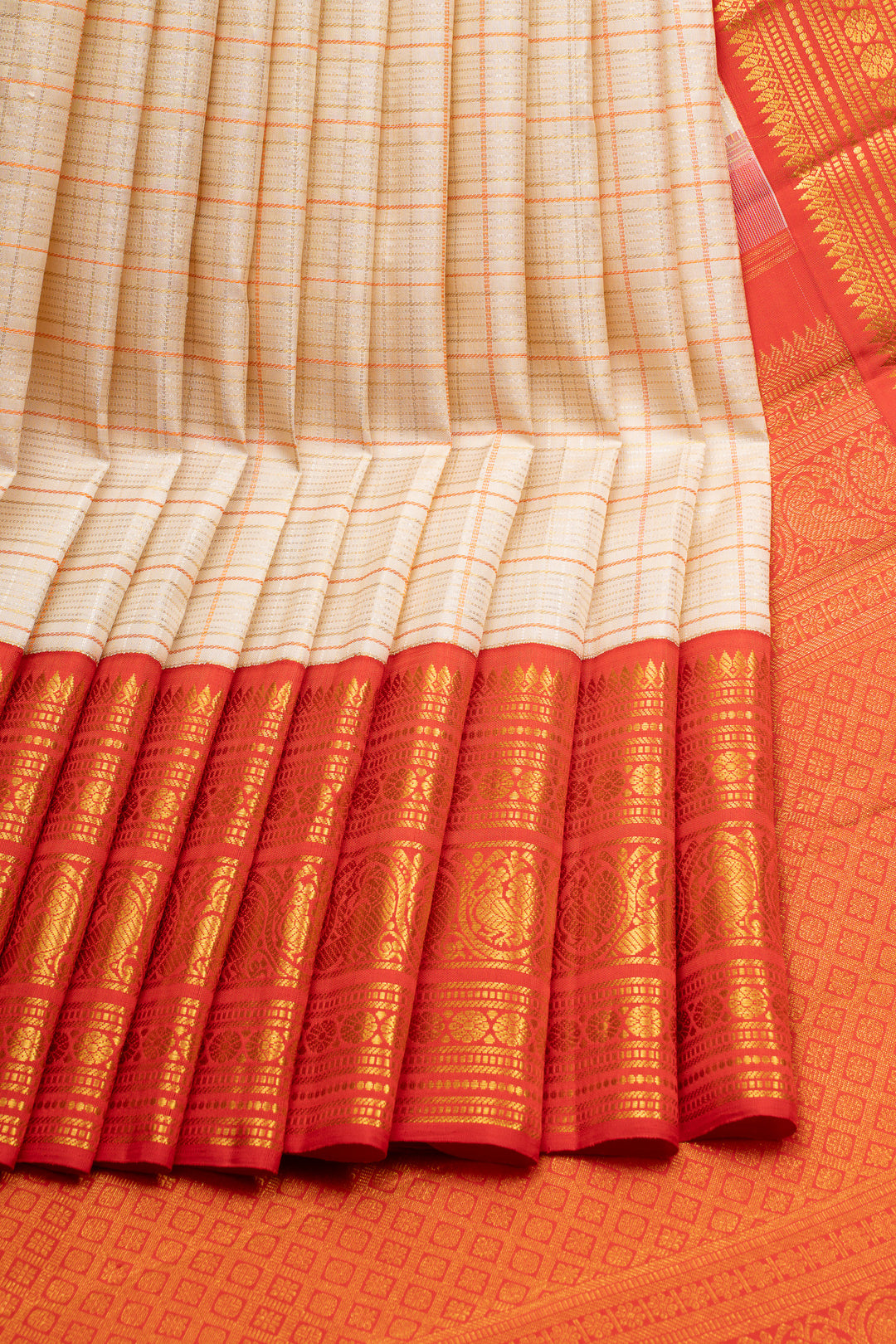 Ivory and red zari checks pure kanchipuram silk saree