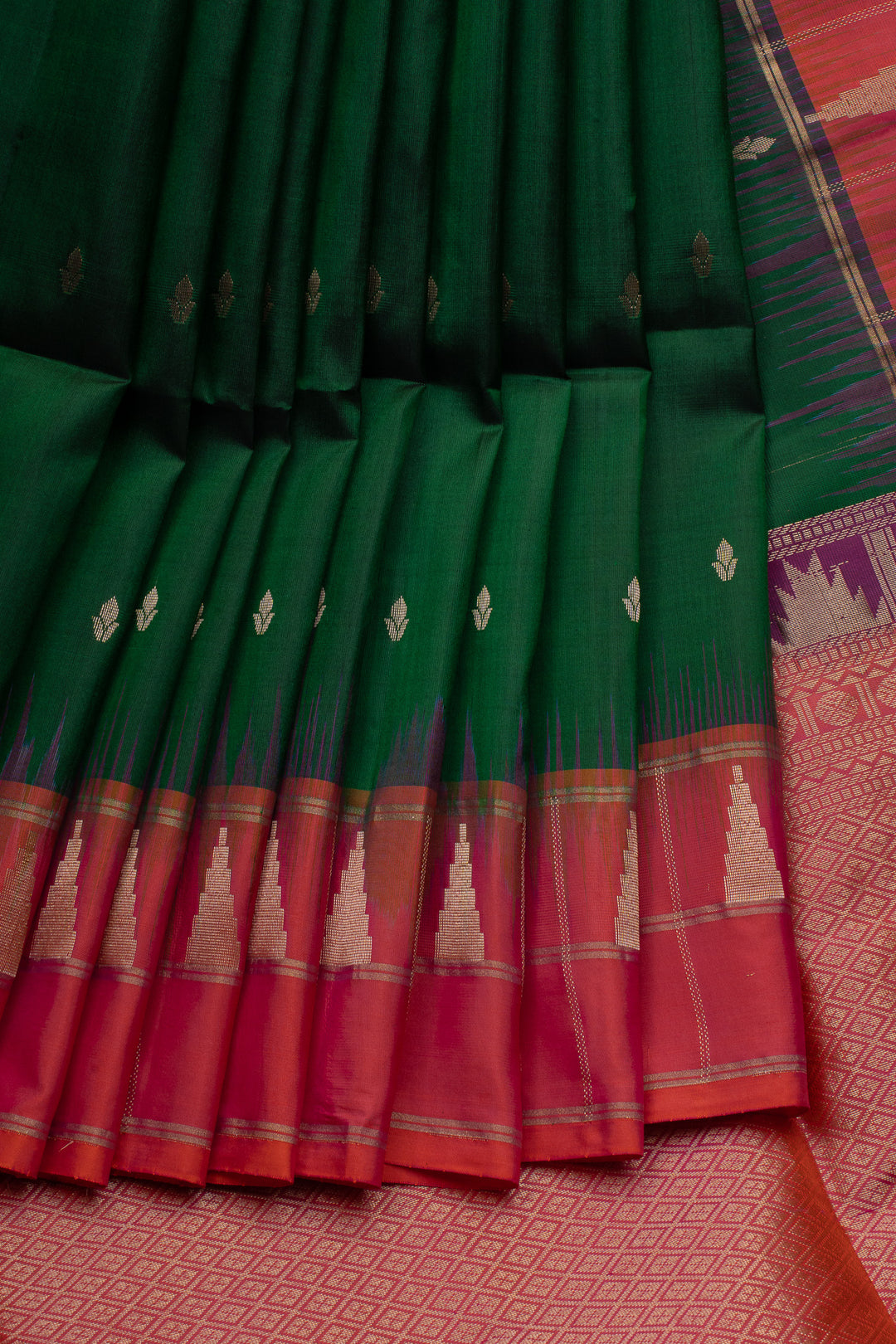 Green and peach temple pure soft silk saree
