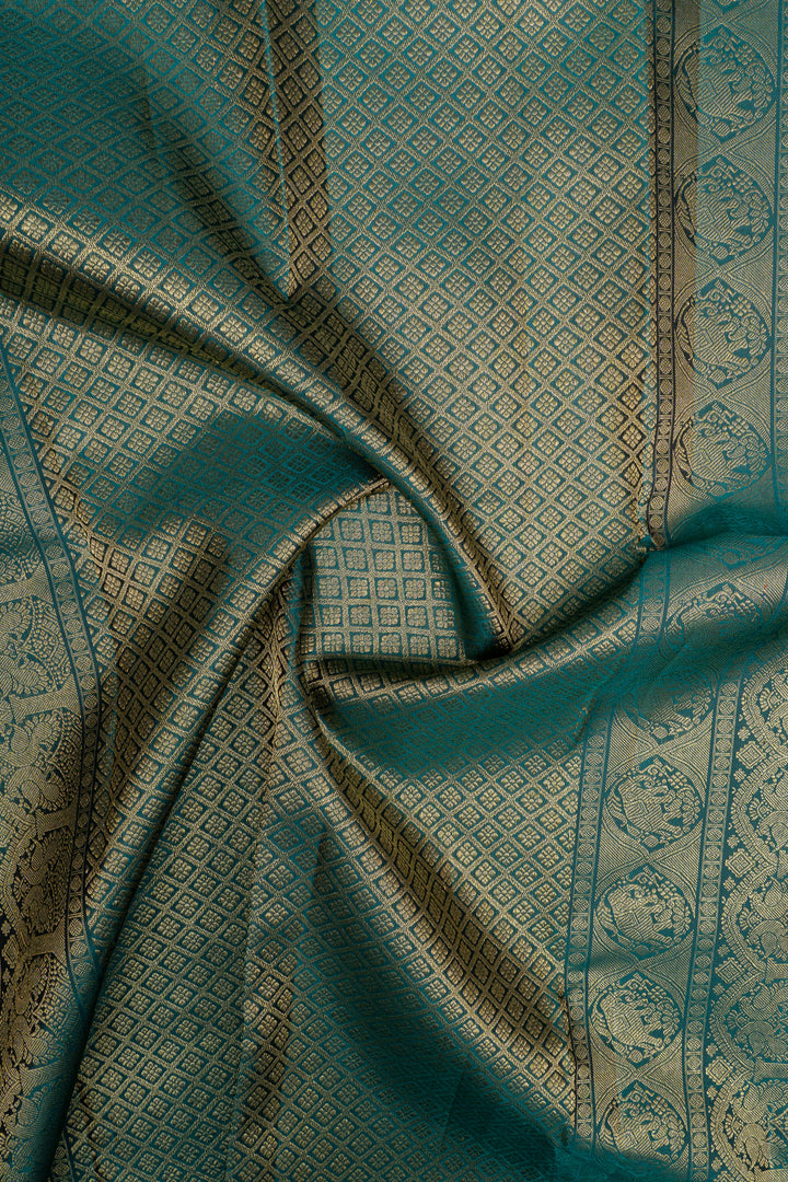 Bottle green temple border Paithani motifs pure kanchipuram silk saree