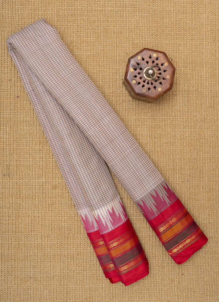 Ivory and red  pure Linen Gadwal silk saree