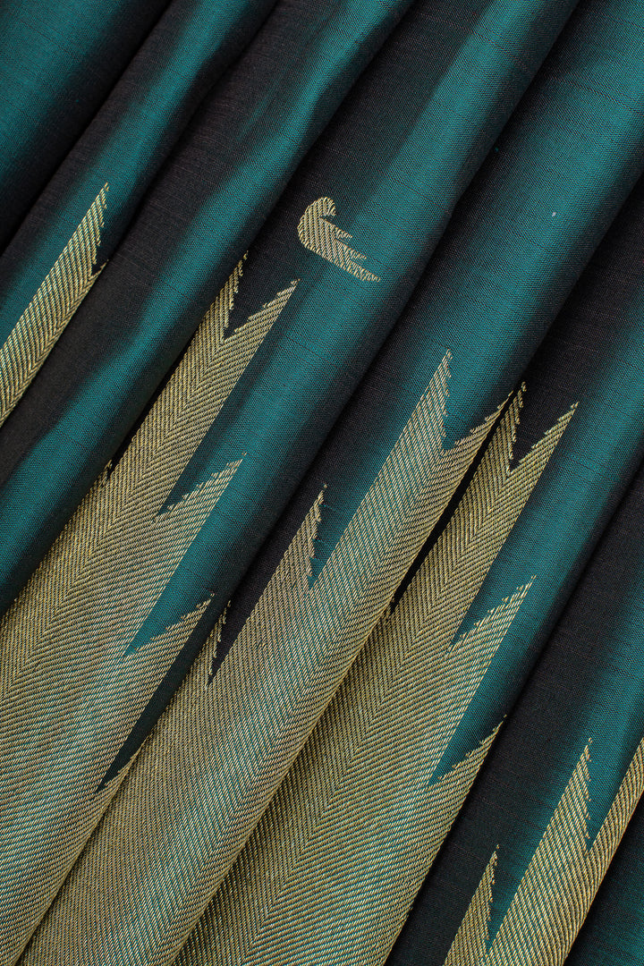 Bottle green temple border Paithani motifs pure kanchipuram silk saree