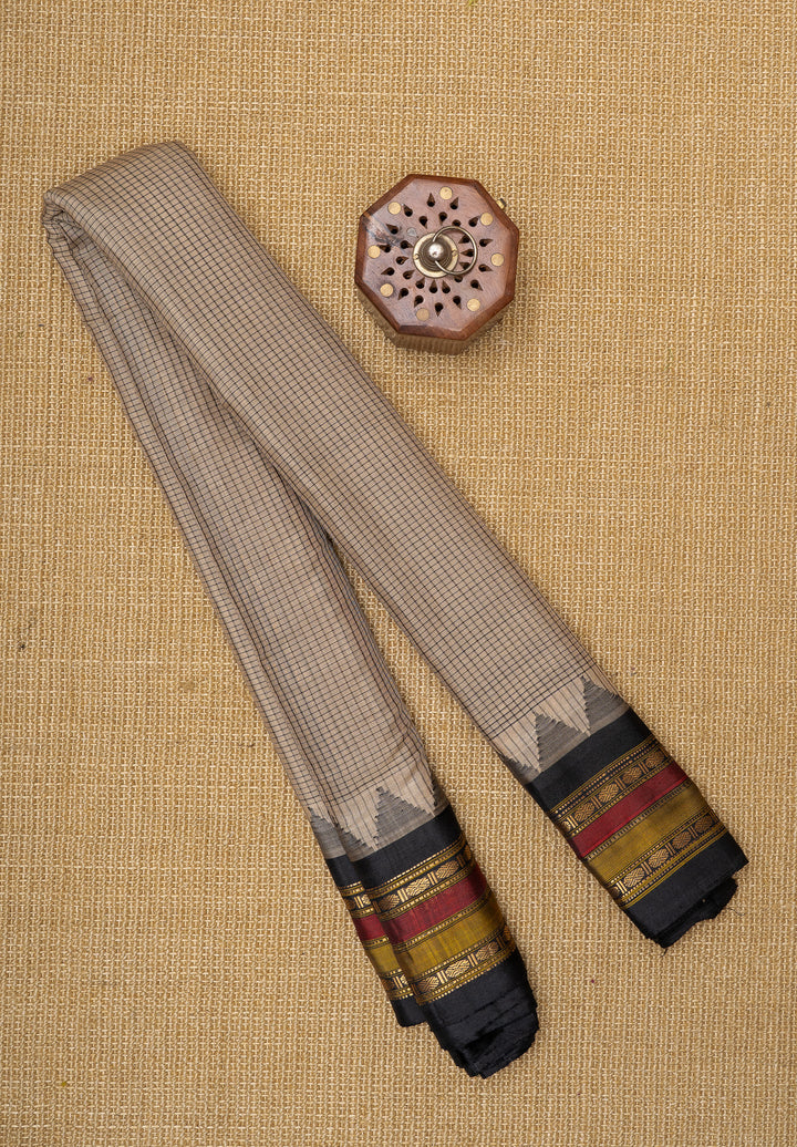 Beige and black checks linen Gadwal silk saree
