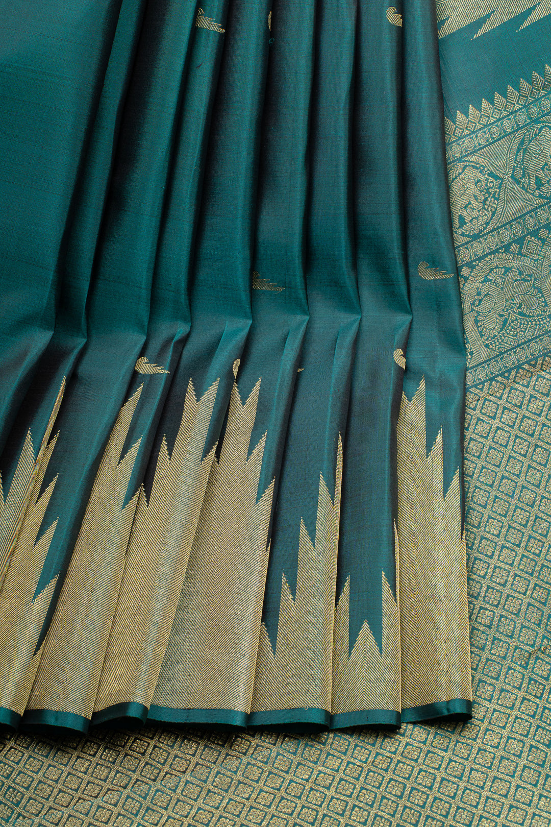 Bottle green temple border Paithani motifs pure kanchipuram silk saree