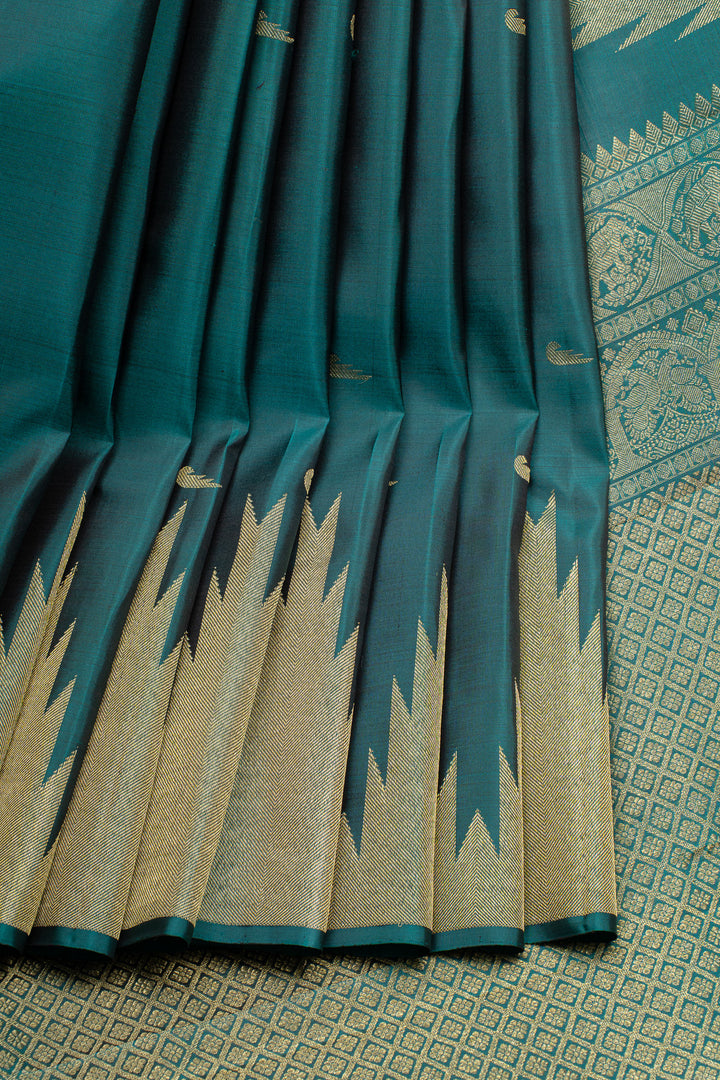 Bottle green temple border Paithani motifs pure kanchipuram silk saree