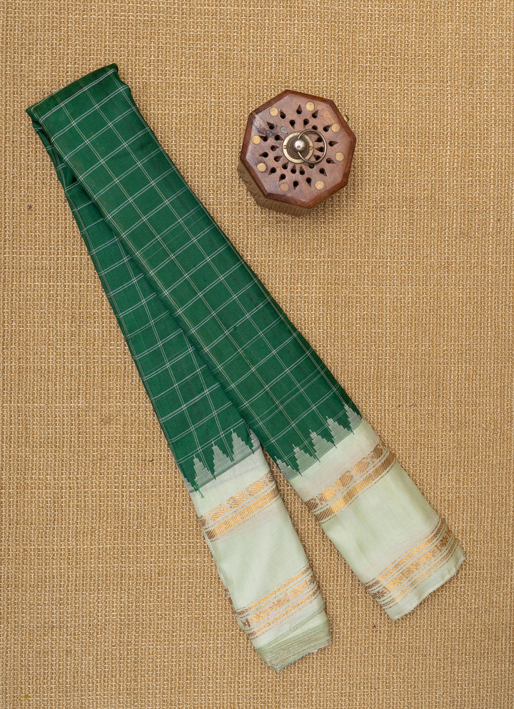 Bottle green and pista green checks Kuttu Gadwal Silk Saree