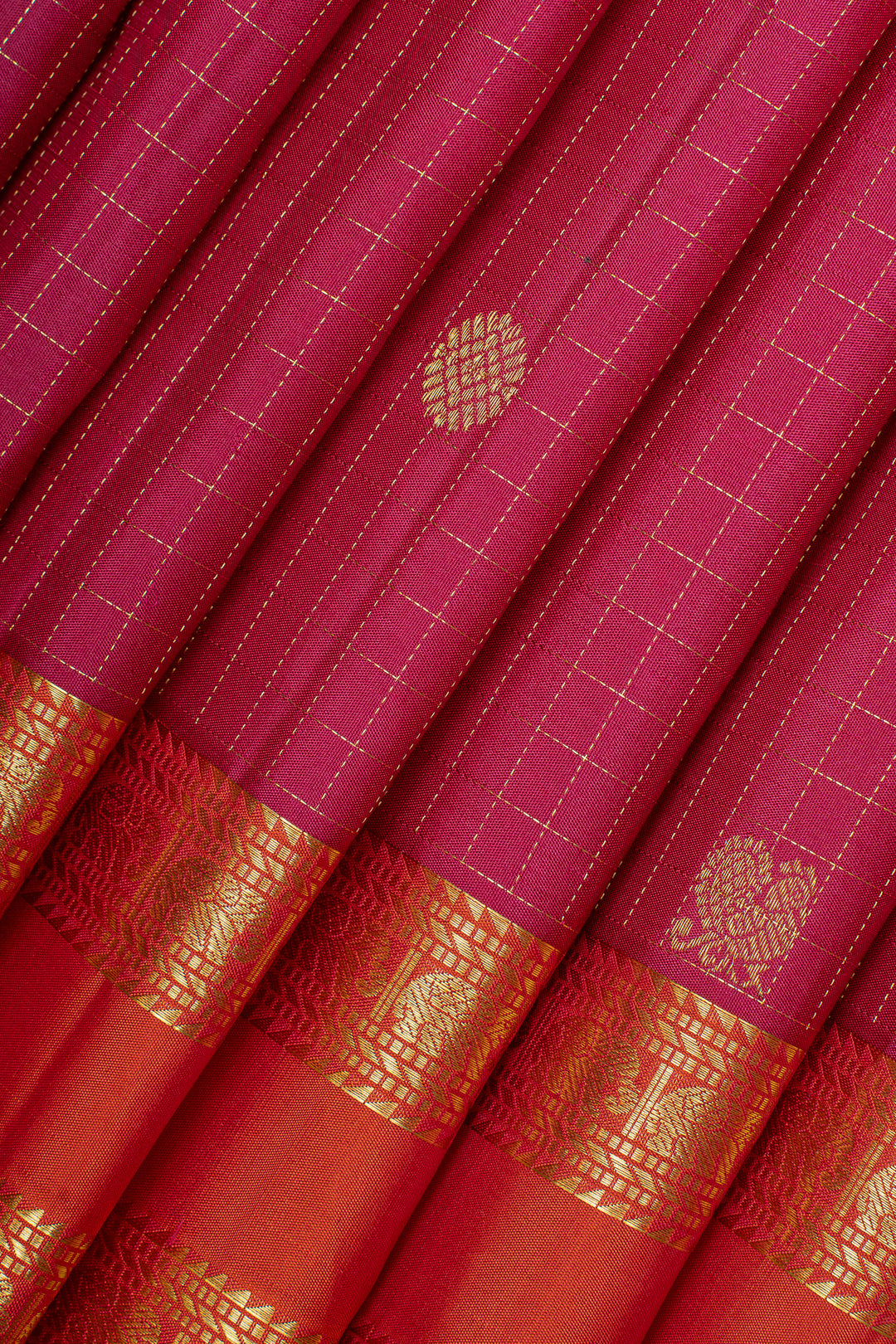 Pink and orange zari checks pure kanchipuram silk saree