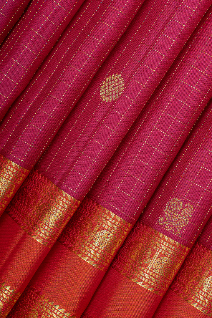 Pink and orange zari checks pure kanchipuram silk saree