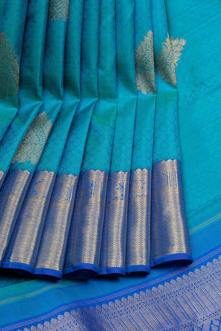 Peacock blue thread brocade pure kanchipuram silk saree