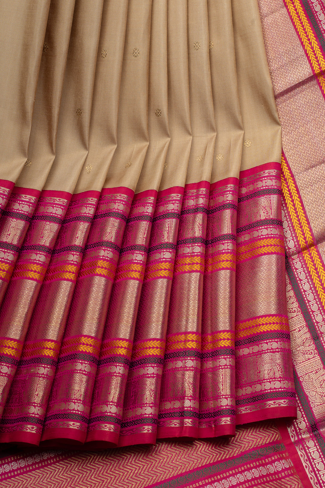 Beige and pink varisaipettu pure soft silk saree