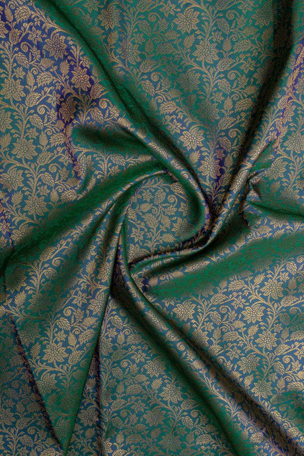 Peacock blue and peach floral brocade pure kanchipuram silk saree