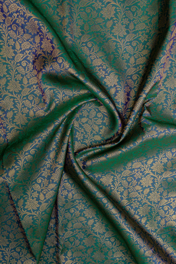 Peacock blue and peach floral brocade pure kanchipuram silk saree