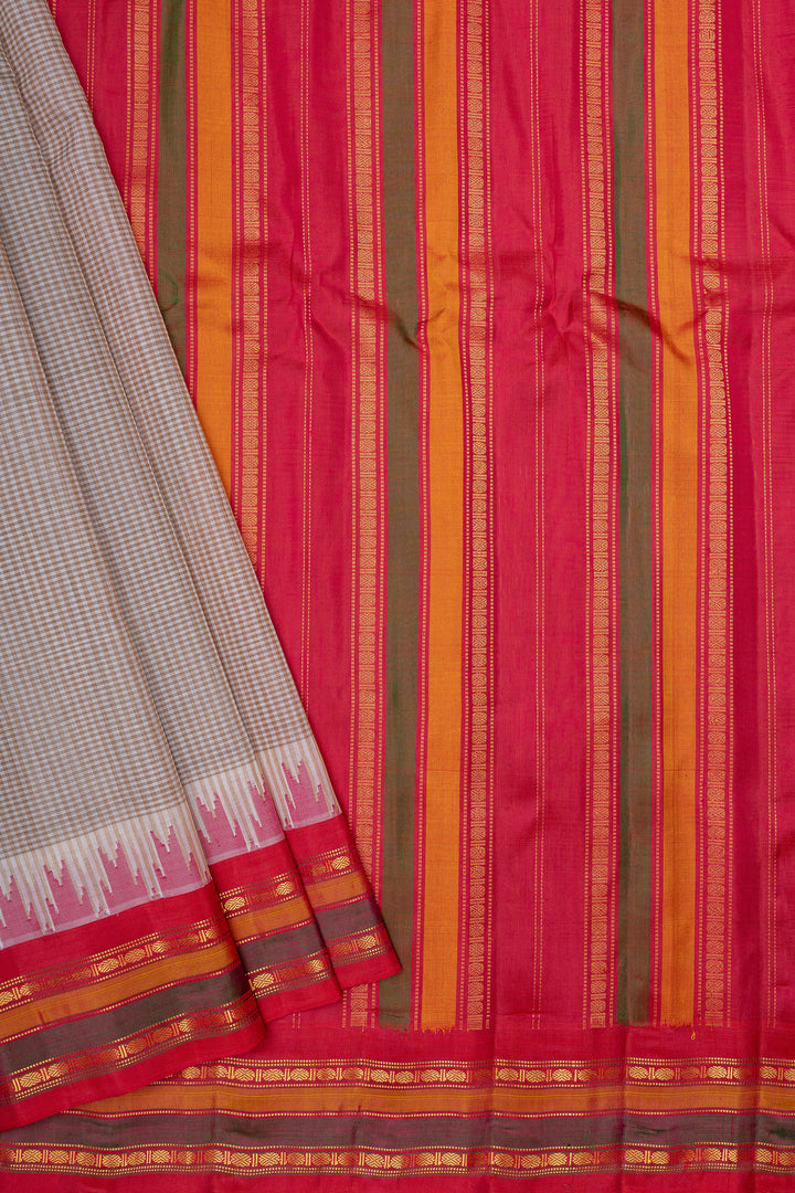 Ivory and red  pure Linen Gadwal silk saree