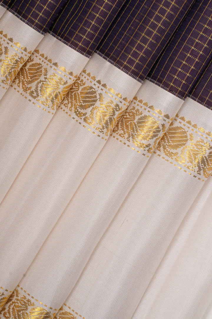 Jamun and ivory zari checks  pure kanchipuram silk saree