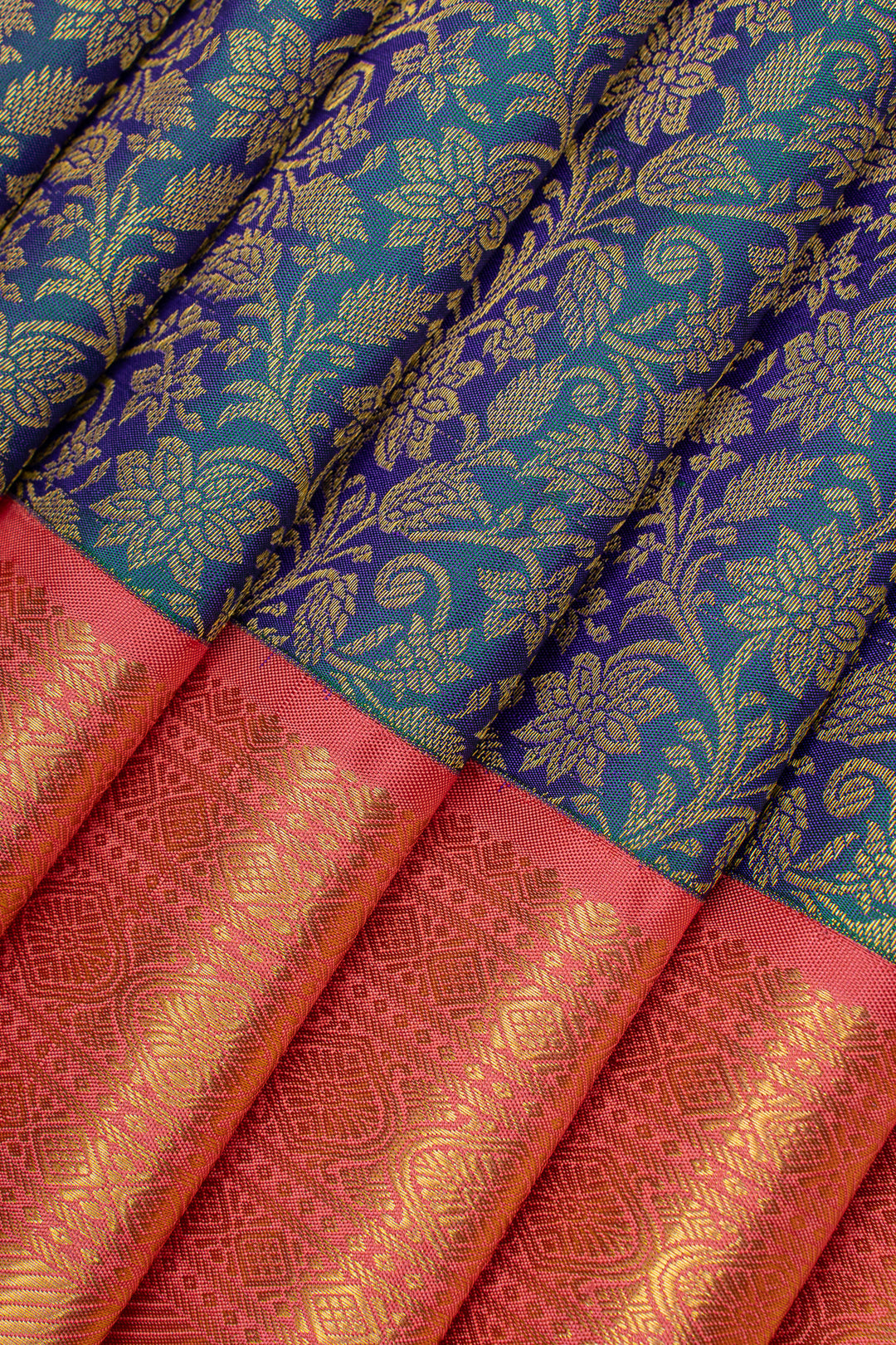 Peacock blue and peach floral brocade pure kanchipuram silk saree