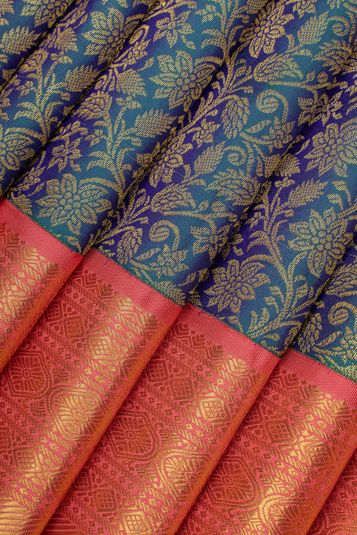 Peacock blue and peach floral brocade pure kanchipuram silk saree