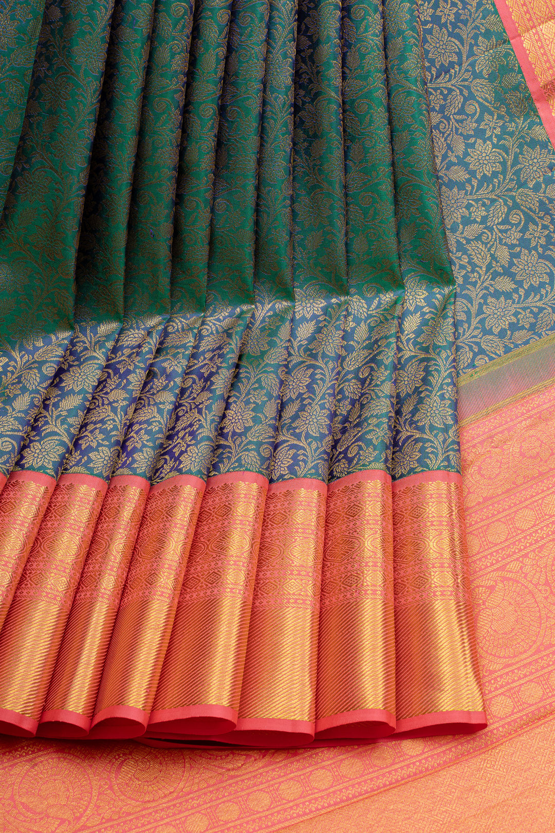Peacock blue and peach floral brocade pure kanchipuram silk saree