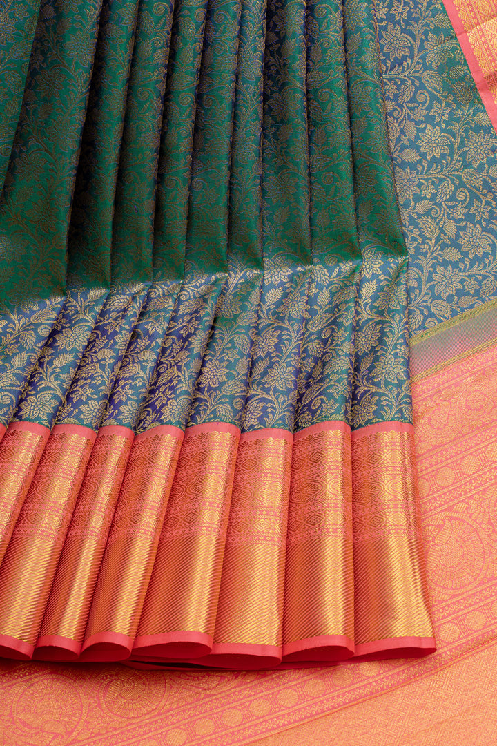 Peacock blue and peach floral brocade pure kanchipuram silk saree