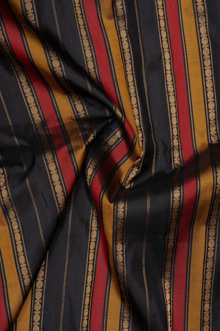 Beige and black checks linen Gadwal silk saree