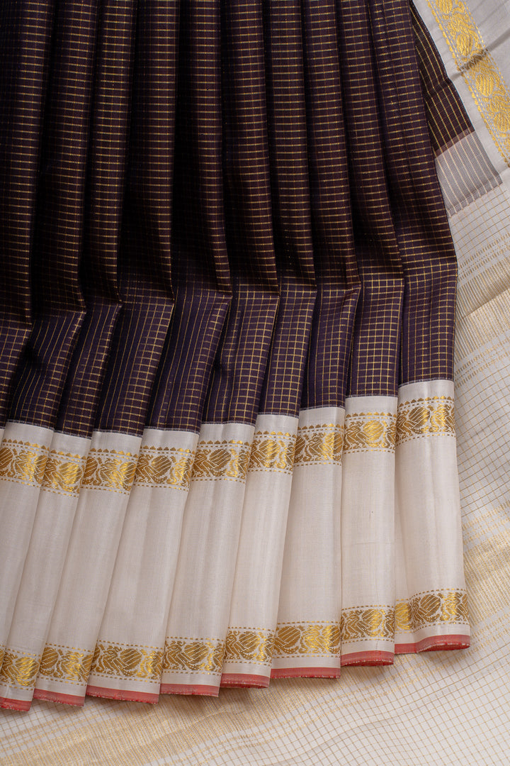 Jamun and ivory zari checks  pure kanchipuram silk saree