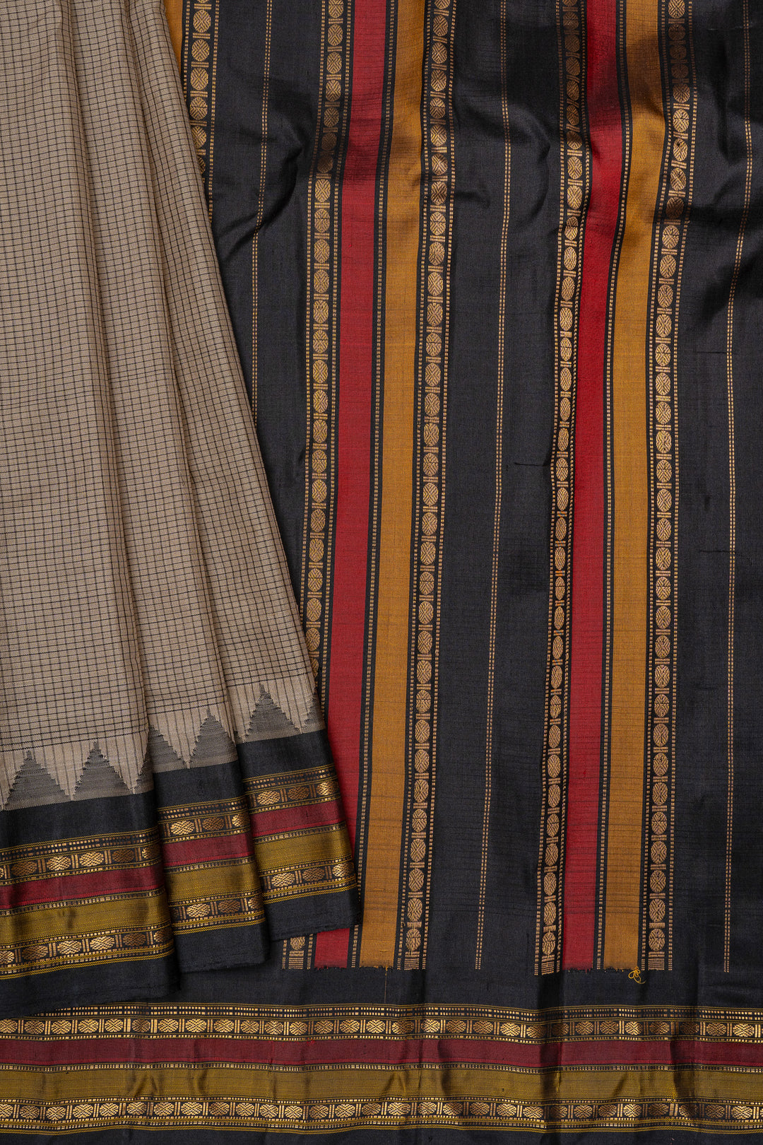 Beige and black checks linen Gadwal silk saree