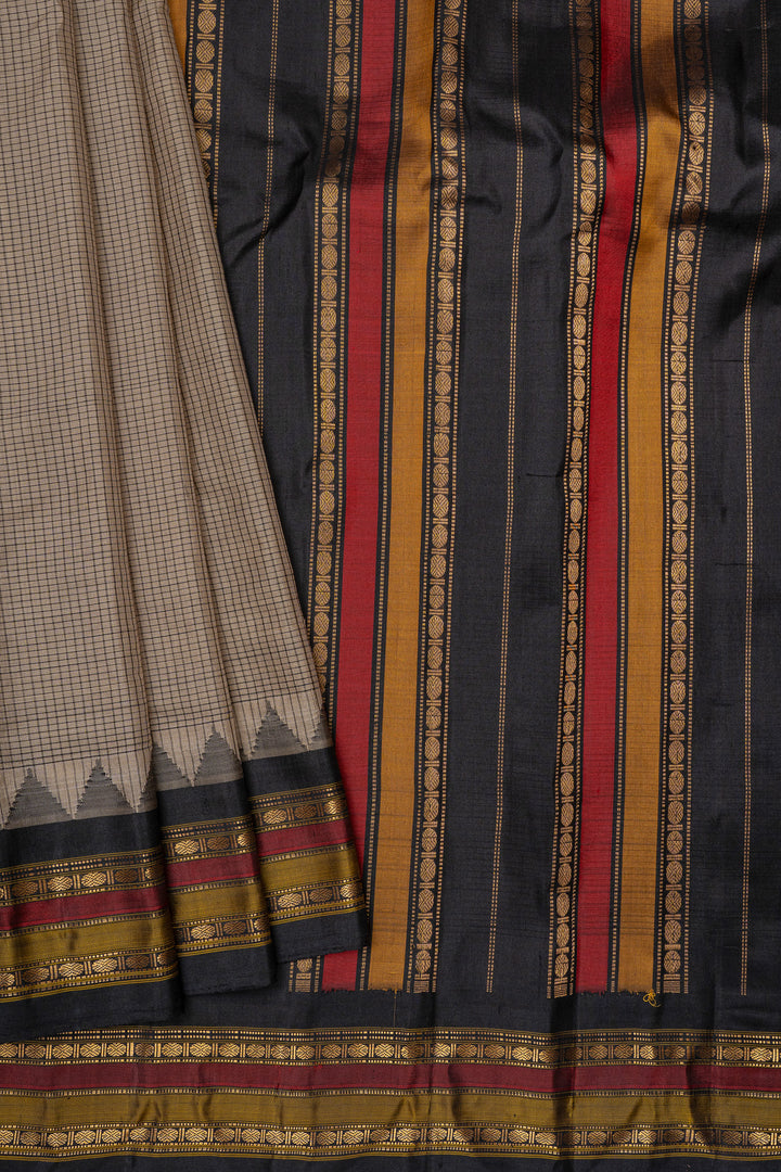 Beige and black checks linen Gadwal silk saree